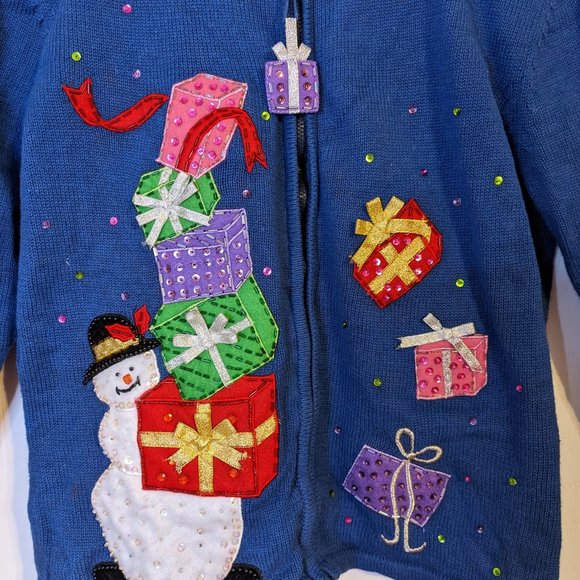 Heirloom Christmas Collection Snowman w/Gifts Beaded Applique Sweater - size L - Picture 2 of 10